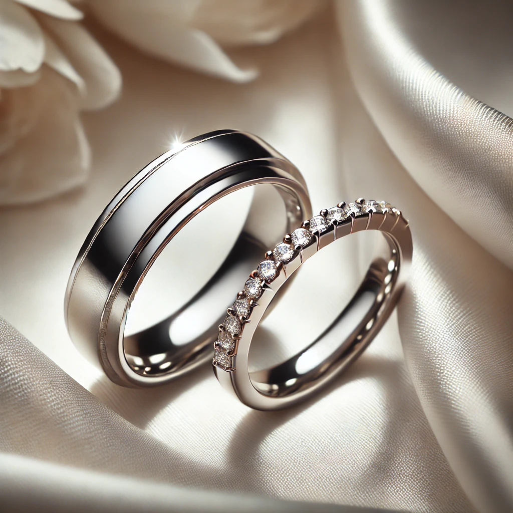 Bagues de mariage en diamant sur tissu satin
