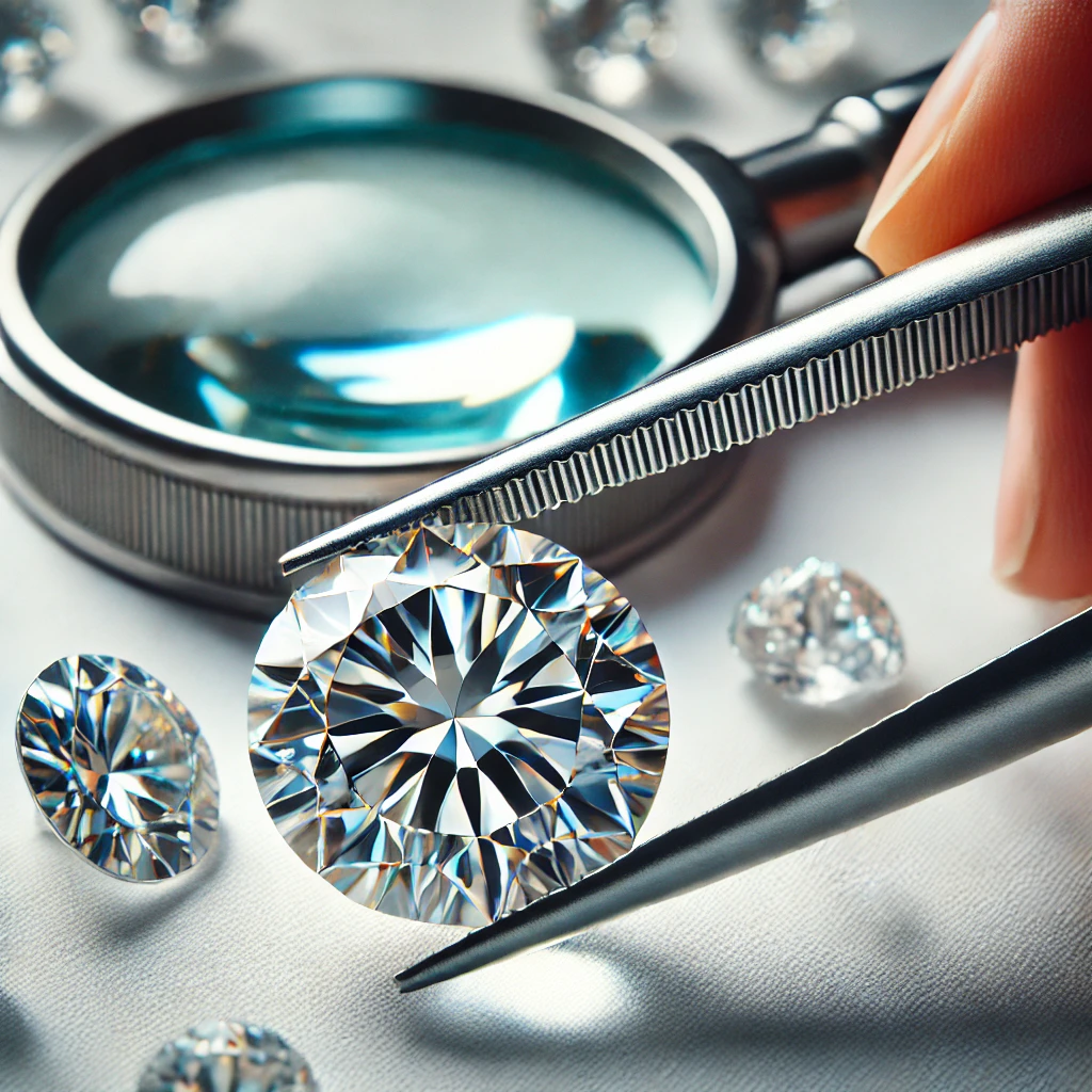 Diamant tenu par une pince de gemmologue avec loupe sur fond blanc