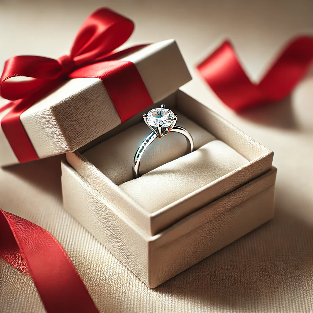 Bague diamant dans un coffret cadeau avec ruban rouge